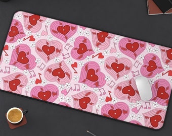 Heart Vinyl Record Desk Mat | Trendy Pink Girly Disco Funky Music Retro Computer Laptop Office Tech Gaming Setup Mouse Pad Gift Present