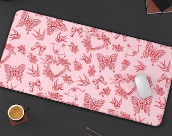 Valentine Tattoos Desk Mat | Vintage Americana Rockabilly Coquette Romantic Computer Laptop Office Tech Gaming Setup Mouse Pad Gift Present