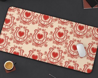 Lucky Horseshoes Desk Mat | Vintage Americana Coquette Rockabilly Cowgirl Computer Laptop Office Tech Gaming Setup Mouse Pad Gift Present