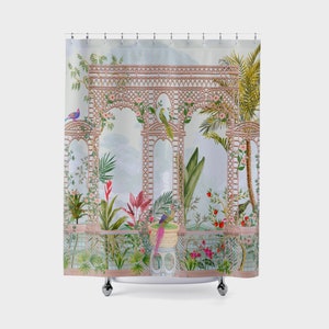 Garden Trellis Shower Curtain | Floral Botanical Tropical Boehmian Kitsch Vintage Retro Trendy Aesthetic Bathroom Home Decor Gift Present