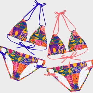 Abstract Floral Strappy Triangle Bikini Set | Eclectic Funky Colorful Retro Groovy Artistic Bathing Suit Swimwear Beach Pool Summer Vacation