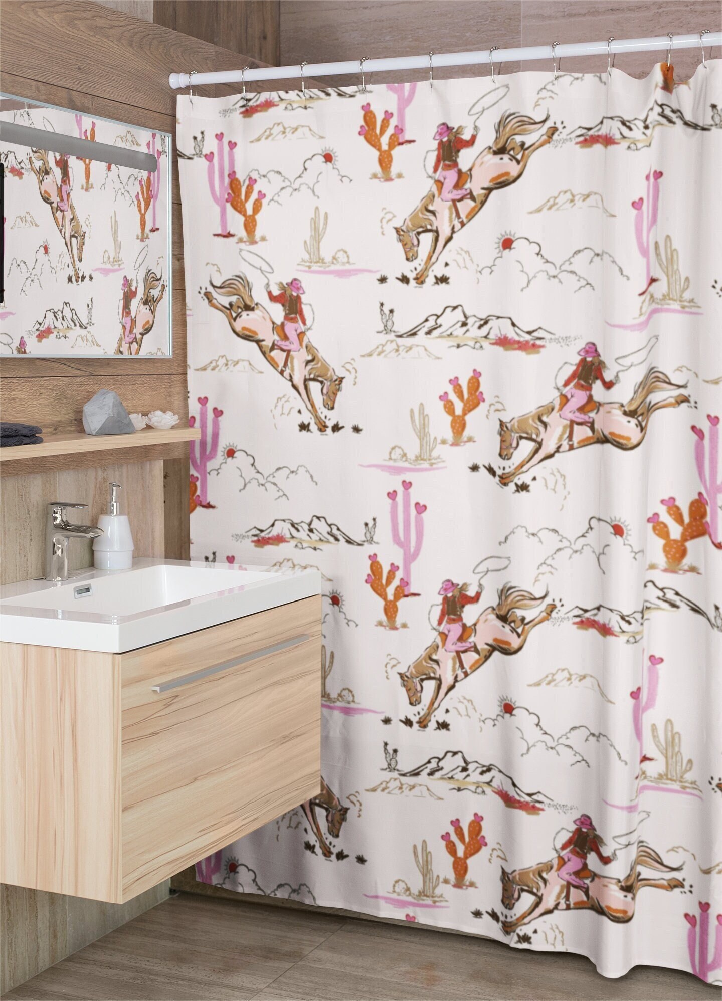 Aperturee Duschvorhang Western-Cowgirl Motiv – Rustikales Design Mit Kaktus, Stiefeln, Wasserabweisend
