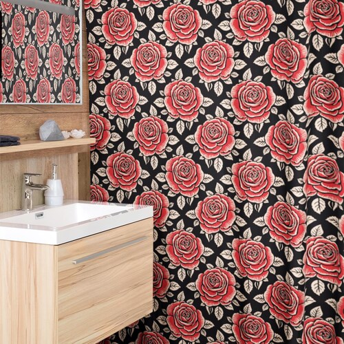 SAILOR JERRY シャワーカーテン　アメリカン雑貨 Rose Tattoo Print Shower Curtain | Vintage Traditional American