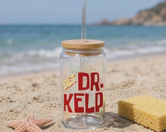Diet Dr. Kelp Sipper Glass Tumbler, 16oz | Funny Sponge Cartoon Travel Iced Coffee or Tea Cup Bottle Drinkware Unique Novelty Birthday Gift