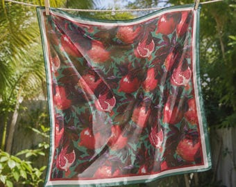 Pomegranate Chiffon Scarf | Floral Botanical Eclectic Statement Hair Accessory Fashion Headband Bandana Neckerchief Shawl Gift Present
