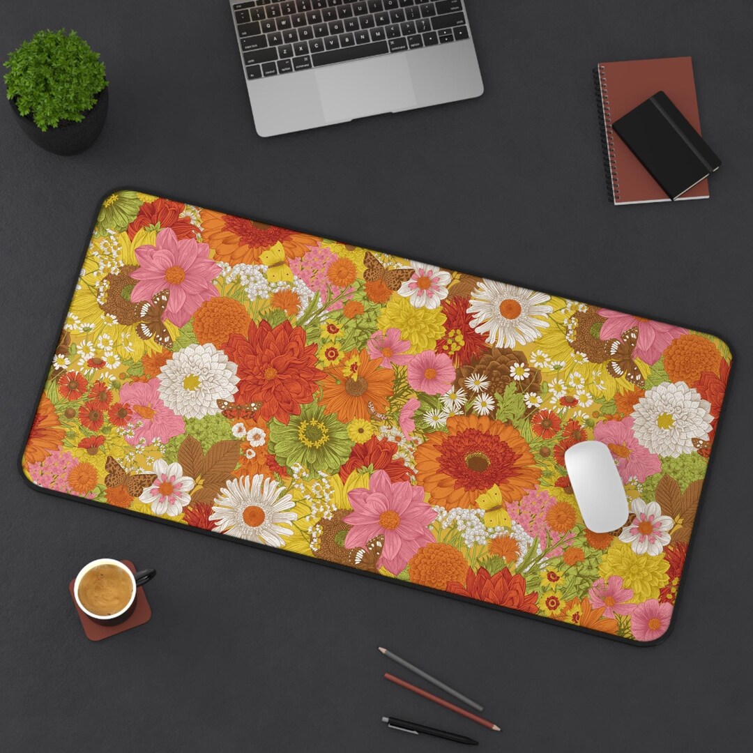 Retro Autumn Flowers Desk Mat | Vintage Fall Groovy Hippy 70s Floral ...