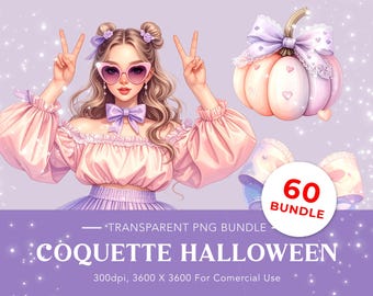 コケット ハロウィン クリップアート バンドル: ピンクのゴースト、リボン、レース (PNG デジタル ダウンロード)