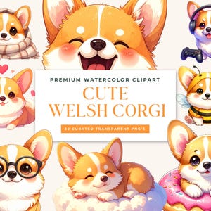 Chunky Corgi PNG Bundle - 30 Kawaii  Watercolor Puppy Clipart for Sublimation,Stickers and Scrapbooking