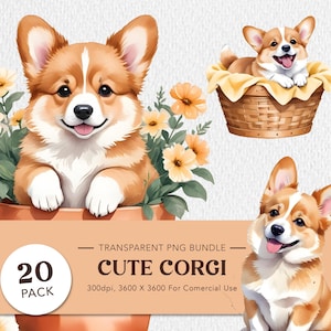 Kawaii Corgis Hunde Welpen Clipart Bundle PNG Transparenz und SVG für Corgie Geschenke Shirts Hundeliebhaber Dekor und Corgie Mama Basteldateien