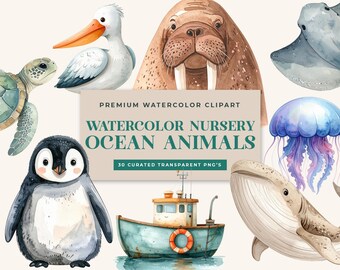 Watercolor Ocean Animals Clipart Bundle for Nursery Decor (Digital Download)