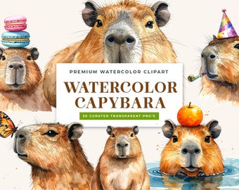 Watercolor Capybara Clipart Bundle, Realistic Exotic Animals, Kawaii PNGs (Digital Download)