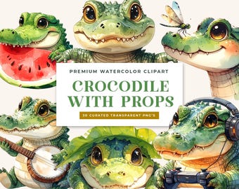 Watercolor Crocodile Clipart Bundle – 30 PNGs for Sublimation, Nursery Decor (Digital Download)