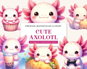 Watercolor Axolotl PNG Bundle - 30 Kawaii Chibi Clipart for Sublimation and Digital Stickers