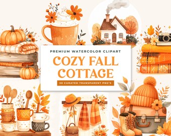 Watercolor Fall Clipart: Cozy Cottagecore Autumn PNG Bundle for Junk Journals