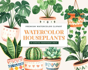 Watercolor Houseplant Clipart, Potted Plant PNG Bundle, Boho Graphics (Digital Download)
