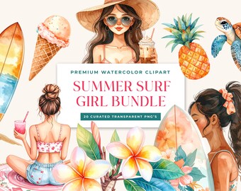 Summer Surf Girl Watercolor Clipart Bundle, Boho Coastal Vacation PNGs (Digital Download)