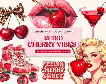 Retro Cherry Watercolor Clip Art Bundle - 50 Sweet PNGs for Digital Crafting and Stationery