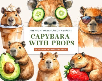 Watercolor Capybara PNG Bundle, Kawaii Animal Clip Art, Nature Graphics (Digital Download)
