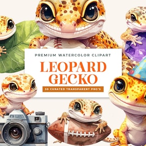 Pode incluir: Clipart em aquarela com vários geckos-leopardo de desenho animado com olhos grandes e manchas laranja e marrons. Alguns geckos estão segurando uma bola de beisebol, uma câmera, uma bola de futebol e uma gema roxa. O texto diz "LEOPARD GECKO".
