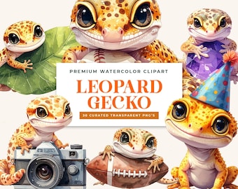 Watercolor Leopard Gecko Clipart – 30 Exotic Pet PNGs (Digital Download)