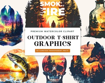 Vintage Watercolor Outdoor Adventure PNG Bundle, Retro Wilderness Graphics