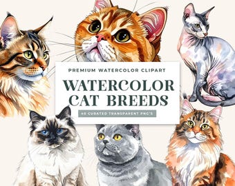 Watercolor Cat Breeds Clipart – Ethereal PNGs for Sublimation, Pet Memorials (Digital Download)