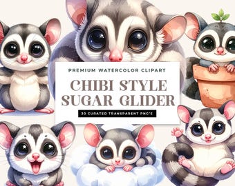 Kawaii Sugar Glider Clipart – Chibi Watercolor Exotic Pet PNG Graphics (Digital Download)