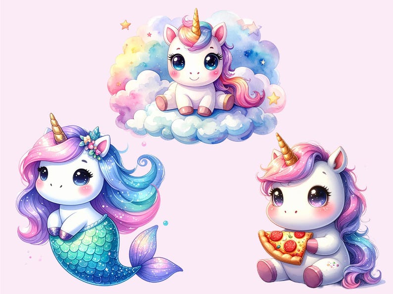 Kawaii Unicorn PNG Bundle – Pastel Watercolor Clipart (3600x3600 Px) - Etsy