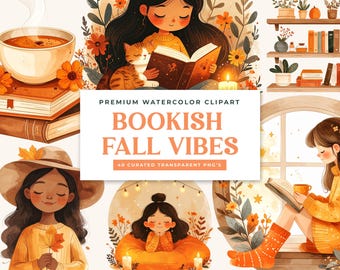 Cottagecore Fall PNG Bundle, Bookish Autumn Clipart, Cozy Girl Reading Watercolor