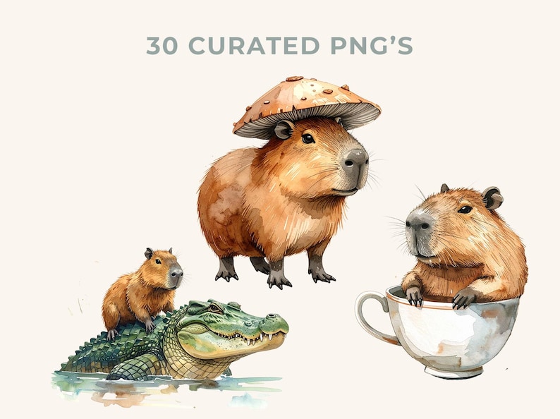 Watercolor Capybara Clipart Bundle, Realistic Exotic Animals, Kawaii ...