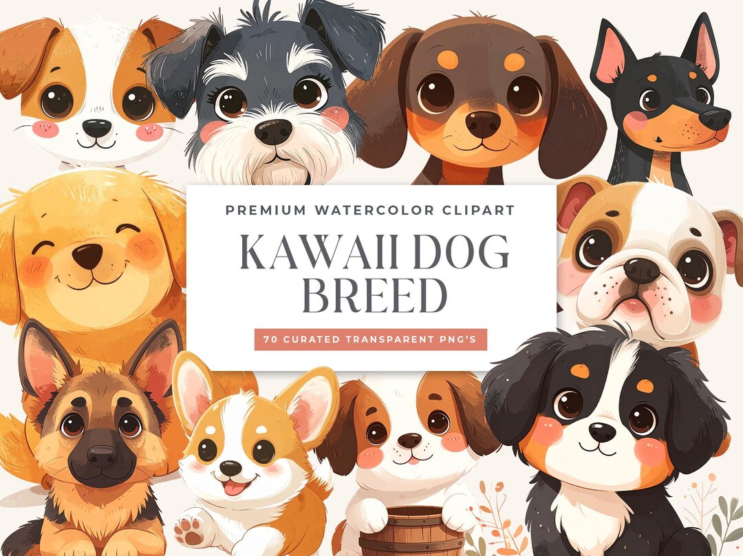 Watercolor Dog Breed PNG Bundle, Kawaii Puppy Clipart, Pet Sublimation ...