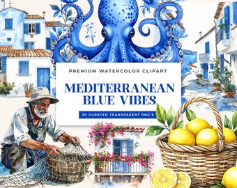 Patina Blue Mediterranean Clipart: Watercolor Delft Tile Patterns, Greek Vibes PNGs (Digital Download)