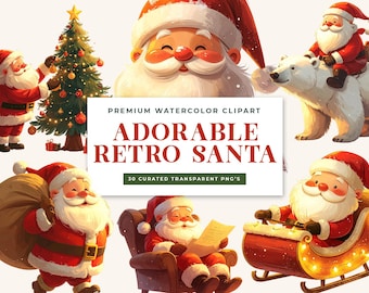 Retro Santa Claus Watercolor Clipart, Vintage Christmas Graphics, Commercial Use PNGs (Digital Download)