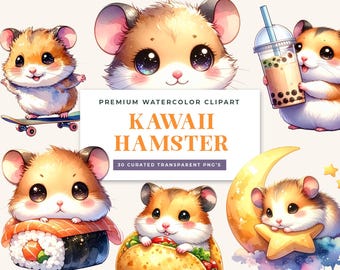 Kawaii Hamster Clipart | 30 Watercolor PNGs, Pastel Chibi Rodent (Digital Download)