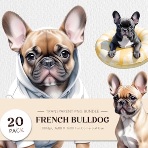 Buldogue Francês Aquarela PNG Pacote Bulldog Francês Clipart de Cachorro, Presente de Lembrança para Cachorro, Arte Bulldog Francês, SVG e Decoração para Amantes de Cachorros