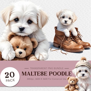 Maltese Dog Clipart Bundle – Watercolor Puppy PNG, Dog Mom Gift, Scrapbooking, Dog Birthday, Small Shop Stickers