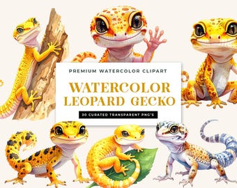 Watercolor Leopard Gecko Clipart Bundle | Realistic Reptile PNGs (Digital Download)