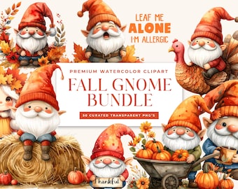 Watercolor Fall Gnome PNG Bundle: 50 Autumn Clipart Designs (300 DPI Digital Download