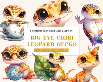 Leopard Gecko PNG Bundle: 30 Watercolor Chibi Reptile Clipart Assets for Sublimation