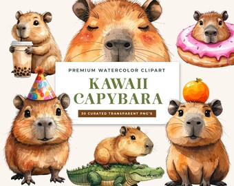 Kawaii Capybara Watercolor Clipart Bundle – 30 PNG Graphics (Digital Download)