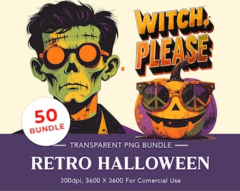 Paquete de imágenes prediseñadas PNG de Halloween retro: 50 gráficos vintage geniales (descarga digital)