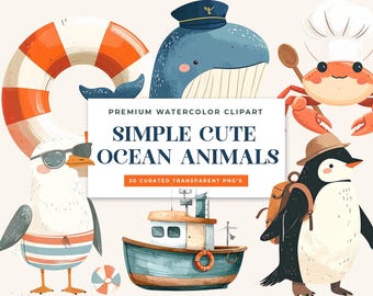 Watercolor Ocean Animals Clipart, Nursery Marine Life PNG Bundle (Digital Download)