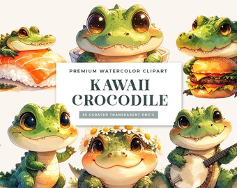 Kawaii Crocodile PNG Clipart – Watercolor Baby Alligator Bundle (Digital Download)