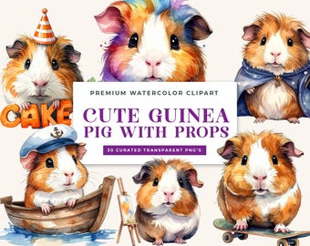 Watercolor Guinea Pig Clipart Bundle, Whimsical Cavy PNG, Wizard Graphics (Digital Download)