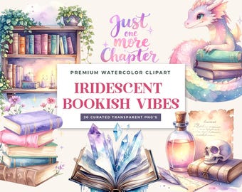 Iridescent Bookish Clipart – Cozy Fantasy Watercolor Graphics (Digital Download)