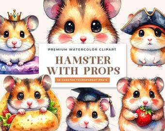 Watercolor Hamster Clipart Bundle – Kawaii Animal Graphics with Props (Digital Download)