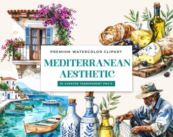 Mediterranean Watercolor Clipart, Coastal Summer Designs, Greek Folk Art Graphics (Digital Download)