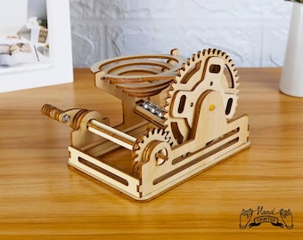3D Wooden Marble Run Puzzle: Hand-Cranked Mechanical Model