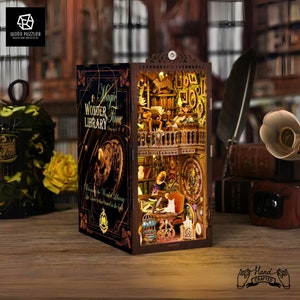 Wonder Library DIY Book Nook Doll House, Wooden 3D Puzzle with LED Light, Miniature Dollhouse Bookend Bookshelf Stand, Gifts for Kids Adults