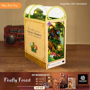 Kit de inserción de rincón de libros DIY Firefly Forest, estantería de madera para casa de hadas en miniatura, modelo de casa de muñecas con sujetalibros, juguetes